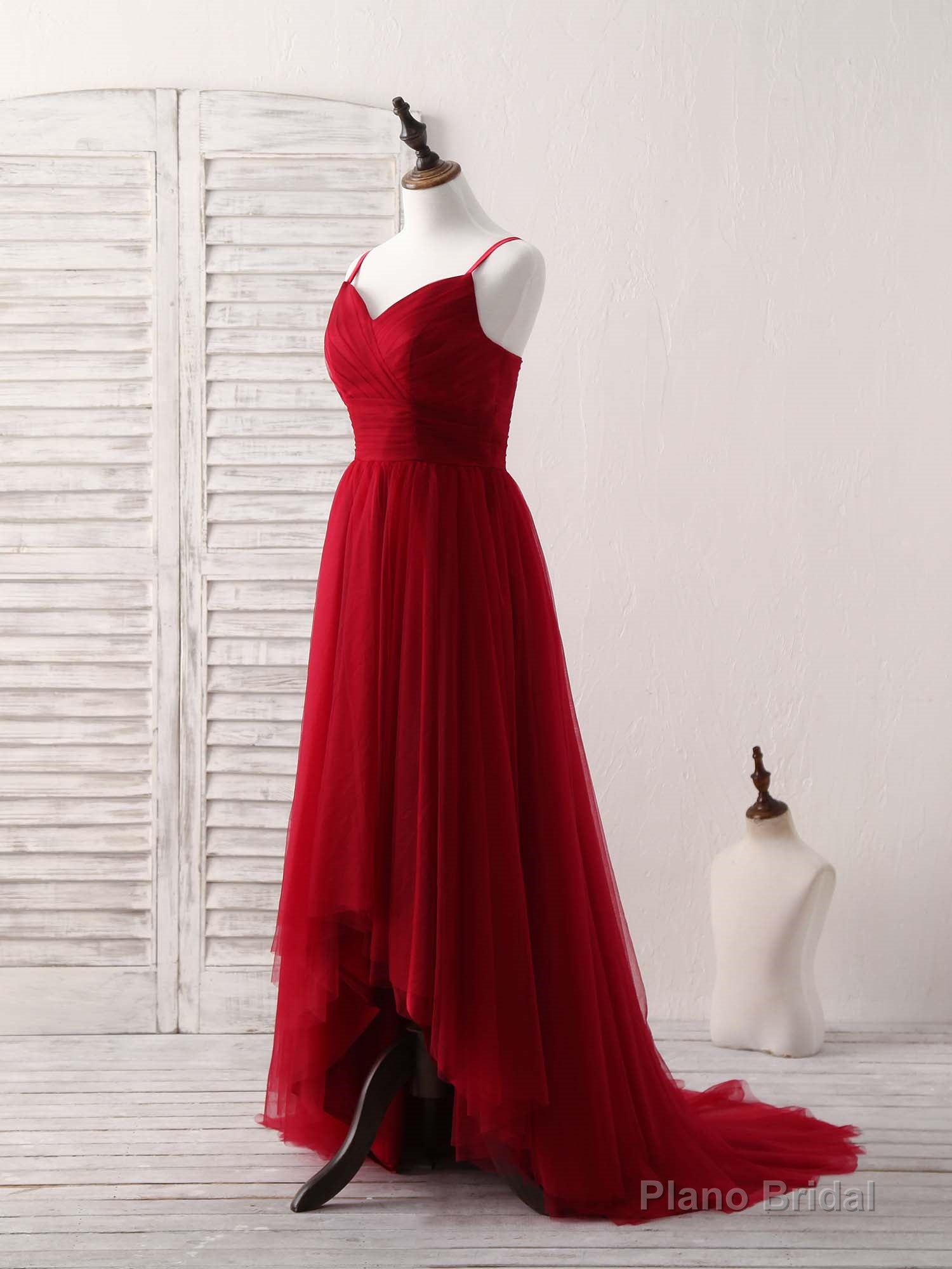 Burgundy Sweetheart Neck Tulle High Low Prom Dress, Burgundy Formal Dress Secondary image