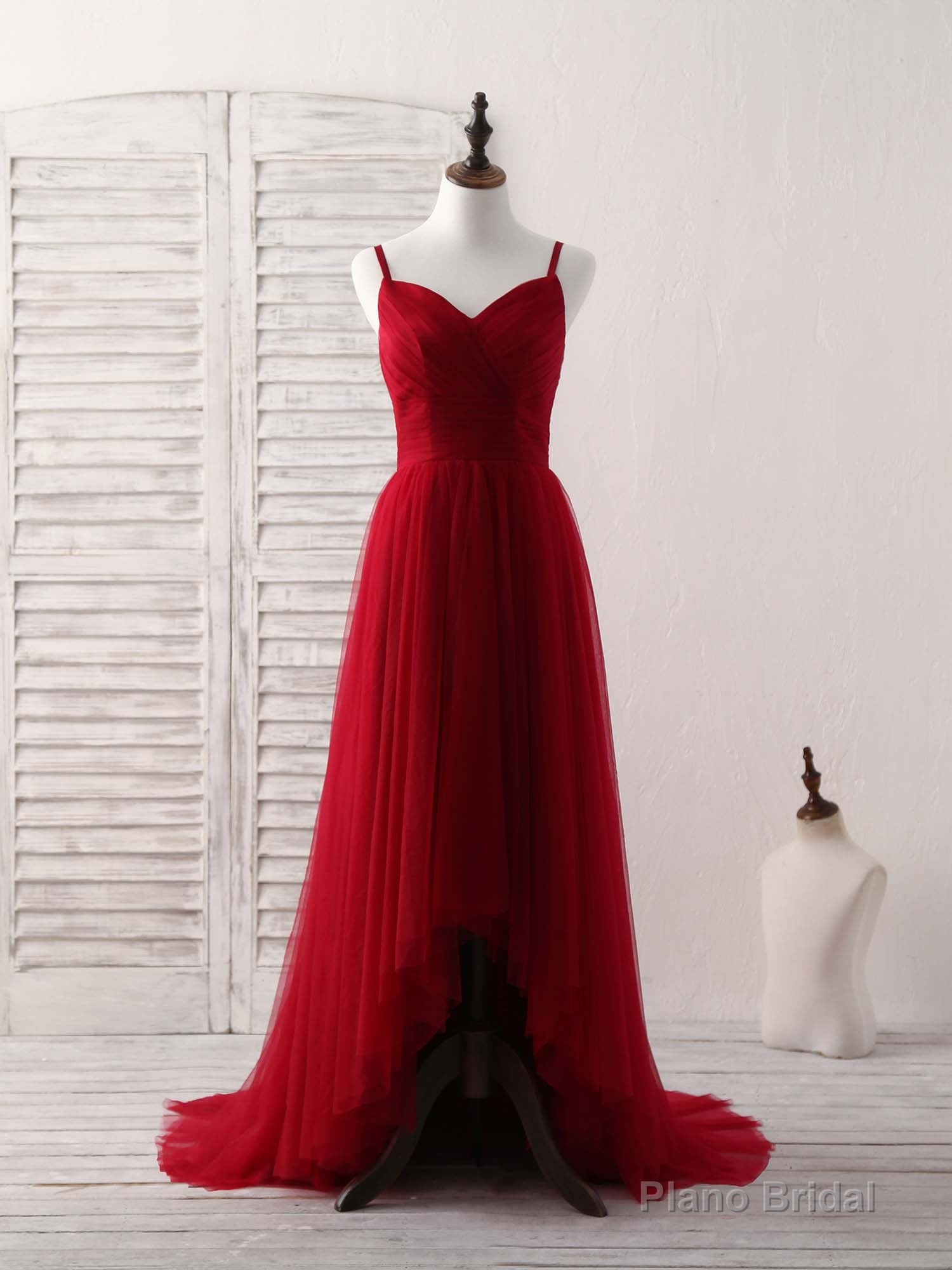 Burgundy Sweetheart Neck Tulle High Low Prom Dress, Burgundy Formal Dress Main image