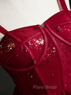 Burgundy Sweetheart Neck Tulle Sequin Short Formal Prom Dresses, Puffy Cute Homecoming  Dresses