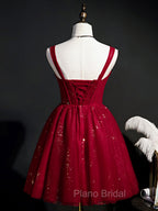 Burgundy Sweetheart Neck Tulle Sequin Short Formal Prom Dresses, Puffy Cute Homecoming  Dresses