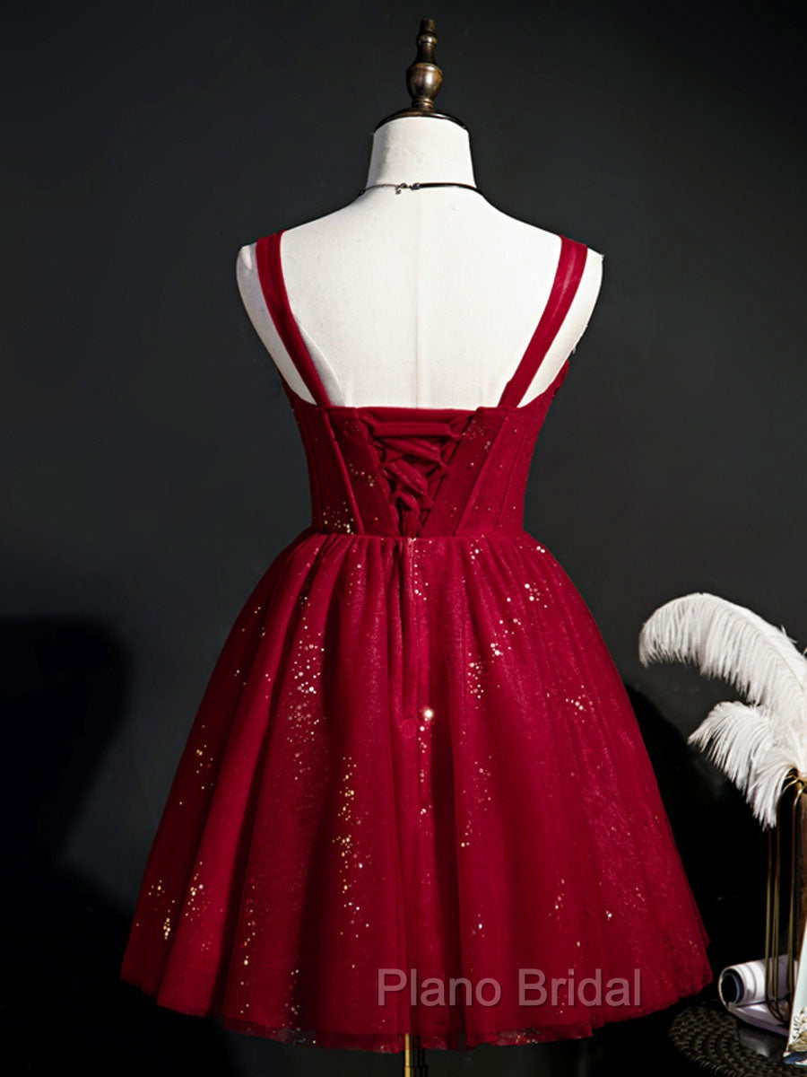 Burgundy Sweetheart Neck Tulle Sequin Short Formal Prom Dresses, Puffy Cute Homecoming  Dresses