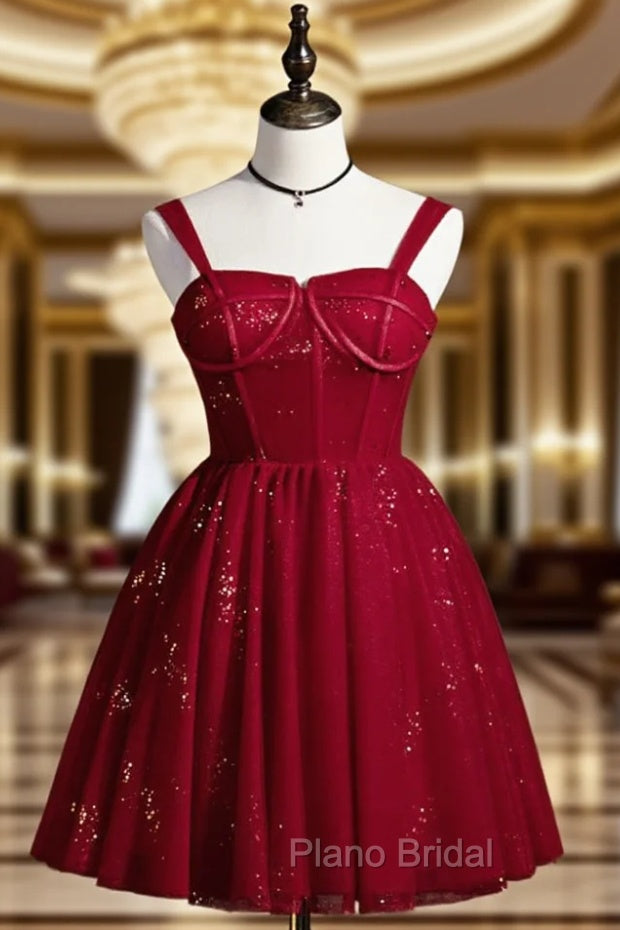 Burgundy Sweetheart Neck Tulle Sequin Short Formal Prom Dresses, Puffy Cute Homecoming  Dresses