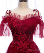 Burgundy Sweetheart Tulle Lace Long Prom Dress Burgundy Formal Dress