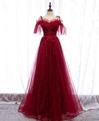 Burgundy Sweetheart Tulle Lace Long Prom Dress Burgundy Formal Dress