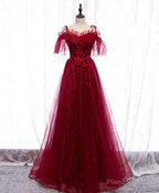 Burgundy Sweetheart Tulle Lace Long Prom Dress Burgundy Formal Dress