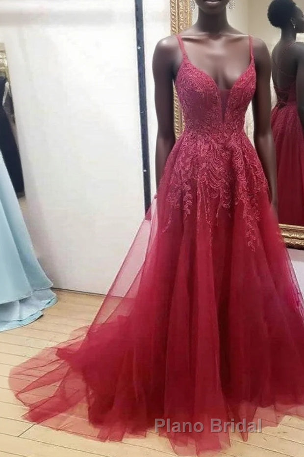 Burgundy sweetheart tulle lace long Formal Prom dress formal dress Main image
