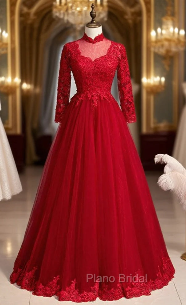 Burgundy Tulle Appliques High Neck Long Sleeve Formal Prom Dresses