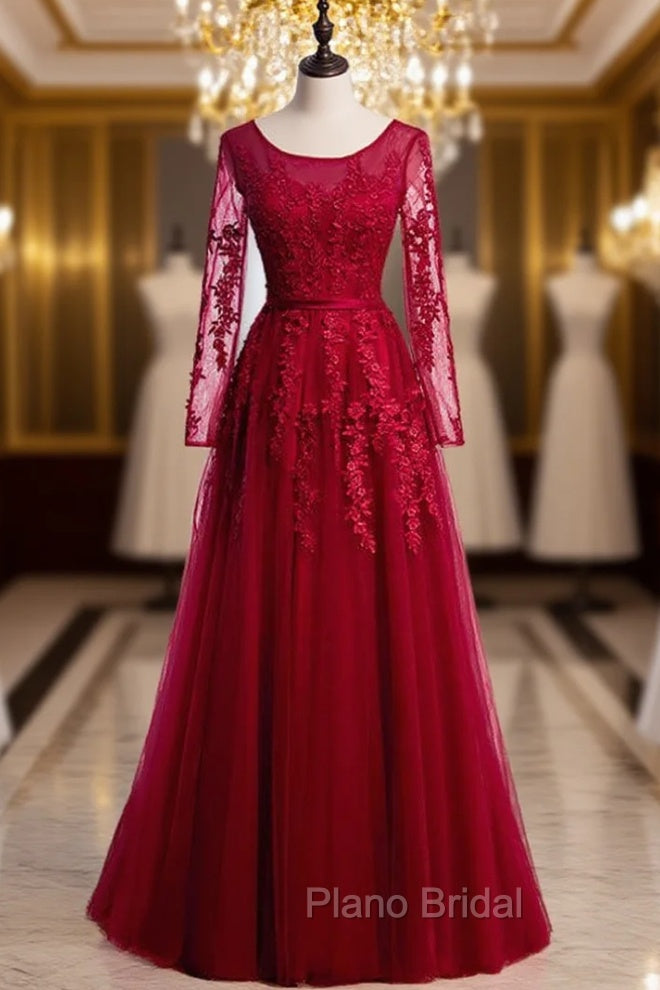 Burgundy Tulle Appliques Long Sleeve Formal Prom Dresses