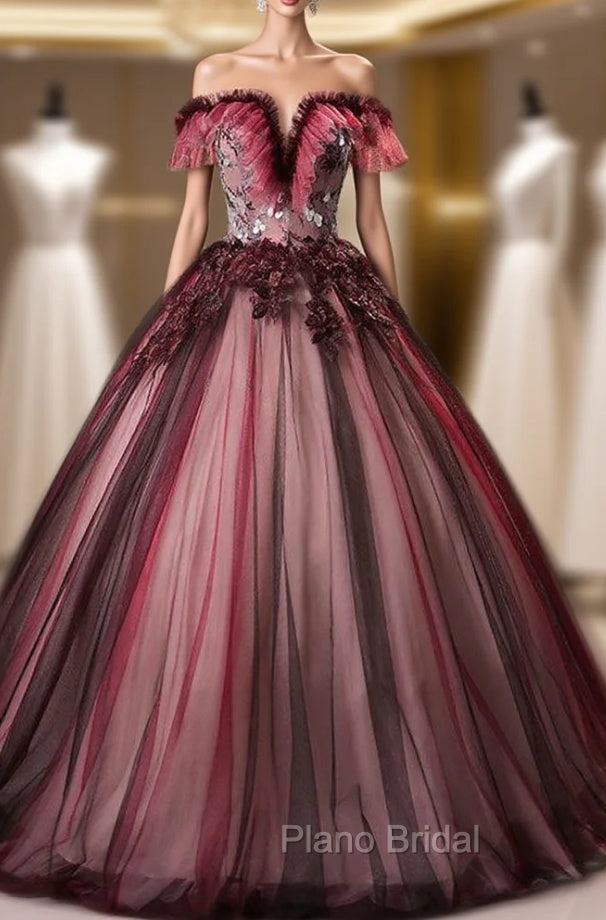 Burgundy Tulle Appliques Quinceanera Dresses Main image