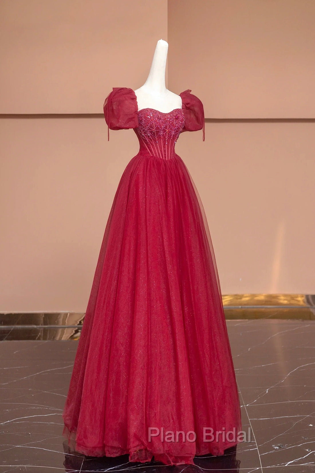 Burgundy Tulle Beaded Floor Length Formal Prom Dresses, A-Line Short Sleeve Evening Dresses