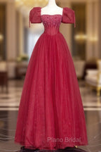 Burgundy Tulle Beaded Floor Length Formal Prom Dresses, A-Line Short Sleeve Evening Dresses