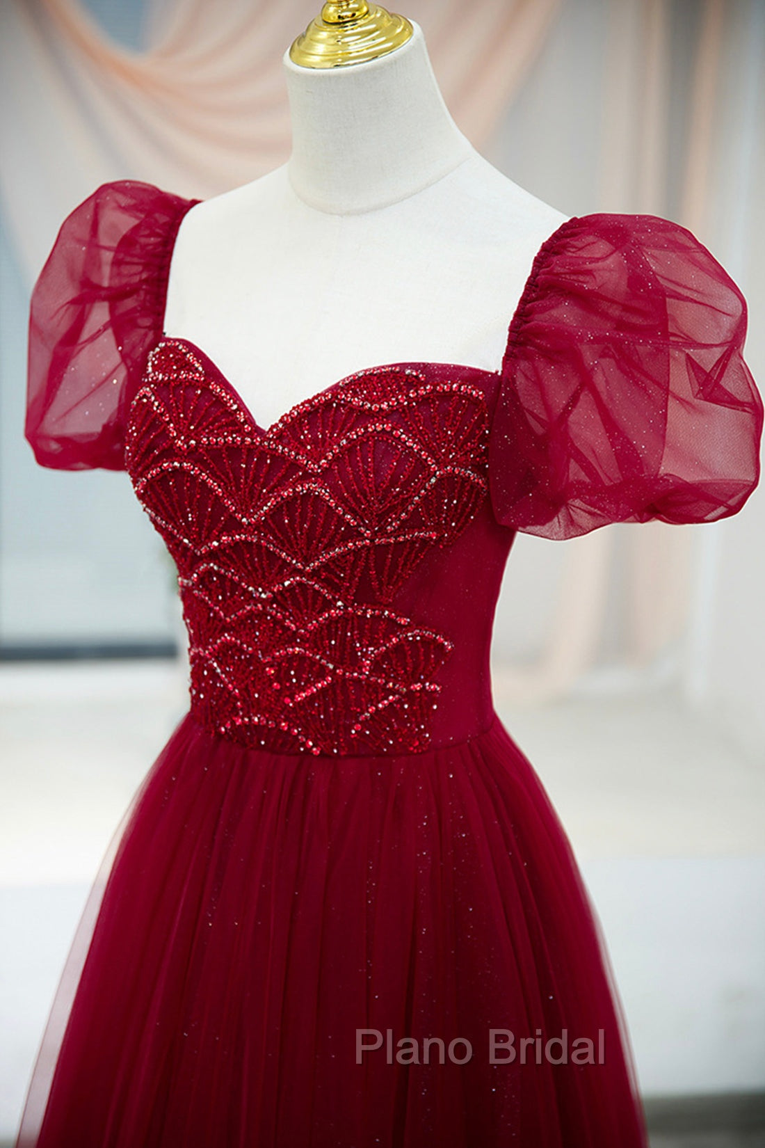 Burgundy Tulle Beaded Long Formal Prom Dresses, A-Line Short Sleeve Evening Dresses Secondary image