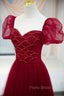 Burgundy Tulle Beaded Long Formal Prom Dresses, A-Line Short Sleeve Evening Dresses