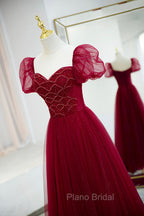 Burgundy Tulle Beaded Long Formal Prom Dresses, A-Line Short Sleeve Evening Dresses