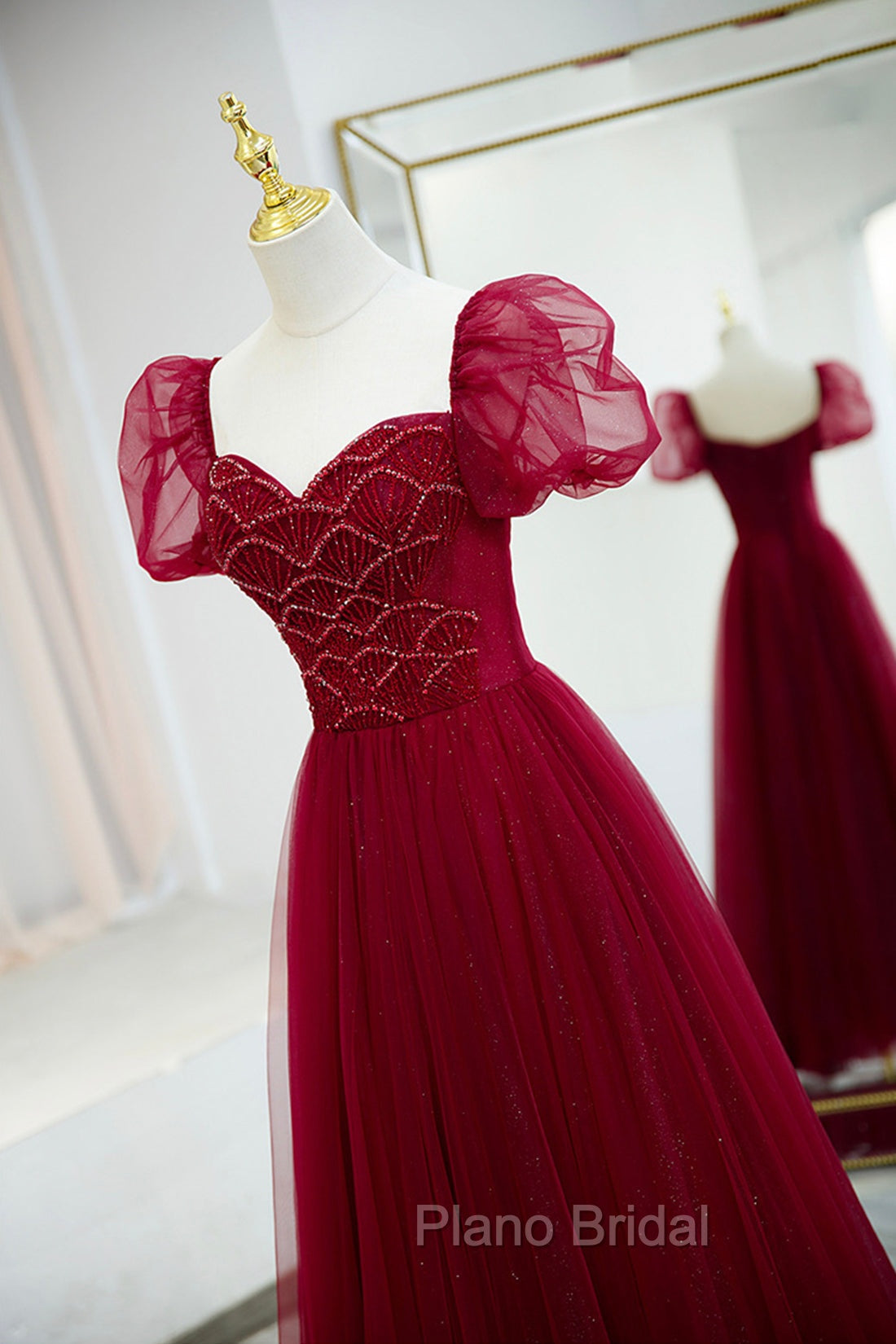 Burgundy Tulle Beaded Long Formal Prom Dresses, A-Line Short Sleeve Evening Dresses