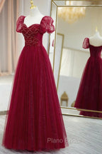 Burgundy Tulle Beaded Long Formal Prom Dresses, A-Line Short Sleeve Evening Dresses