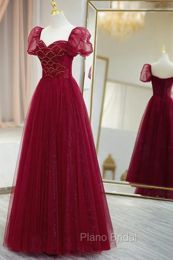 Burgundy Tulle Beaded Long Formal Prom Dresses, A-Line Short Sleeve Evening Dresses