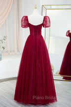 Burgundy Tulle Beaded Long Formal Prom Dresses, A-Line Short Sleeve Evening Dresses