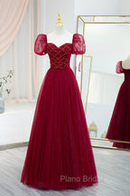 Burgundy Tulle Beaded Long Formal Prom Dresses, A-Line Short Sleeve Evening Dresses