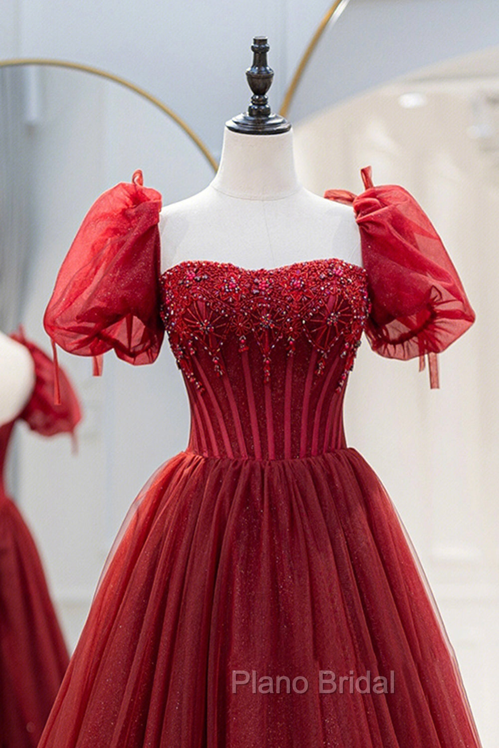 Burgundy Tulle Beaded Long Formal Prom Dresses, A-Line Short Sleeve Formal Dresses Secondary image