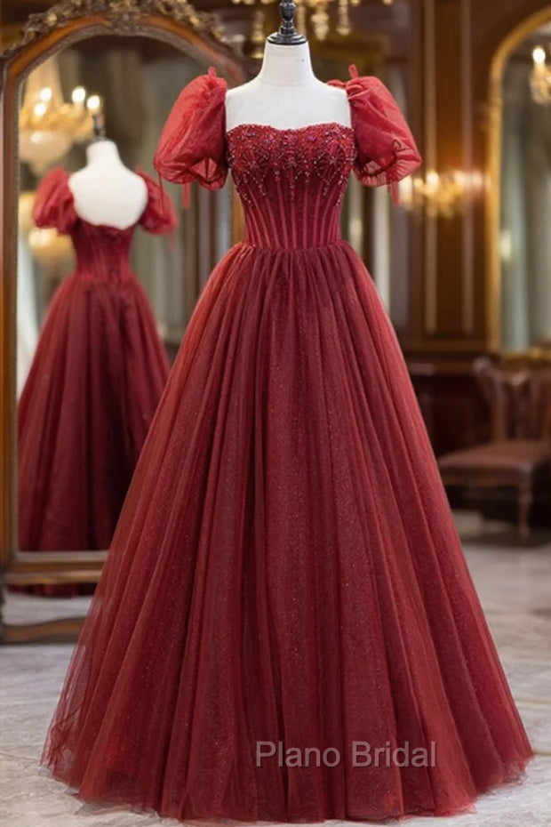 Burgundy Tulle Beaded Long Formal Prom Dresses, A-Line Short Sleeve Formal Dresses