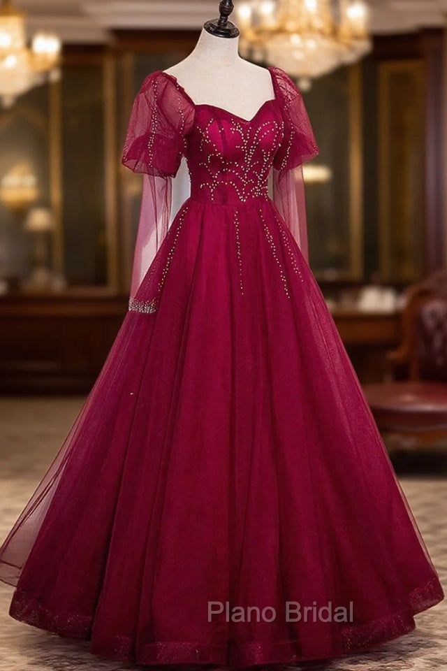 Burgundy Tulle Beaded Long Sleeve Formal Prom Dresses, A-Line Evening Graduation Dresses