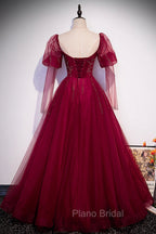 Burgundy Tulle Beaded Long Sleeve Formal Prom Dresses, A-Line Evening Graduation Dresses