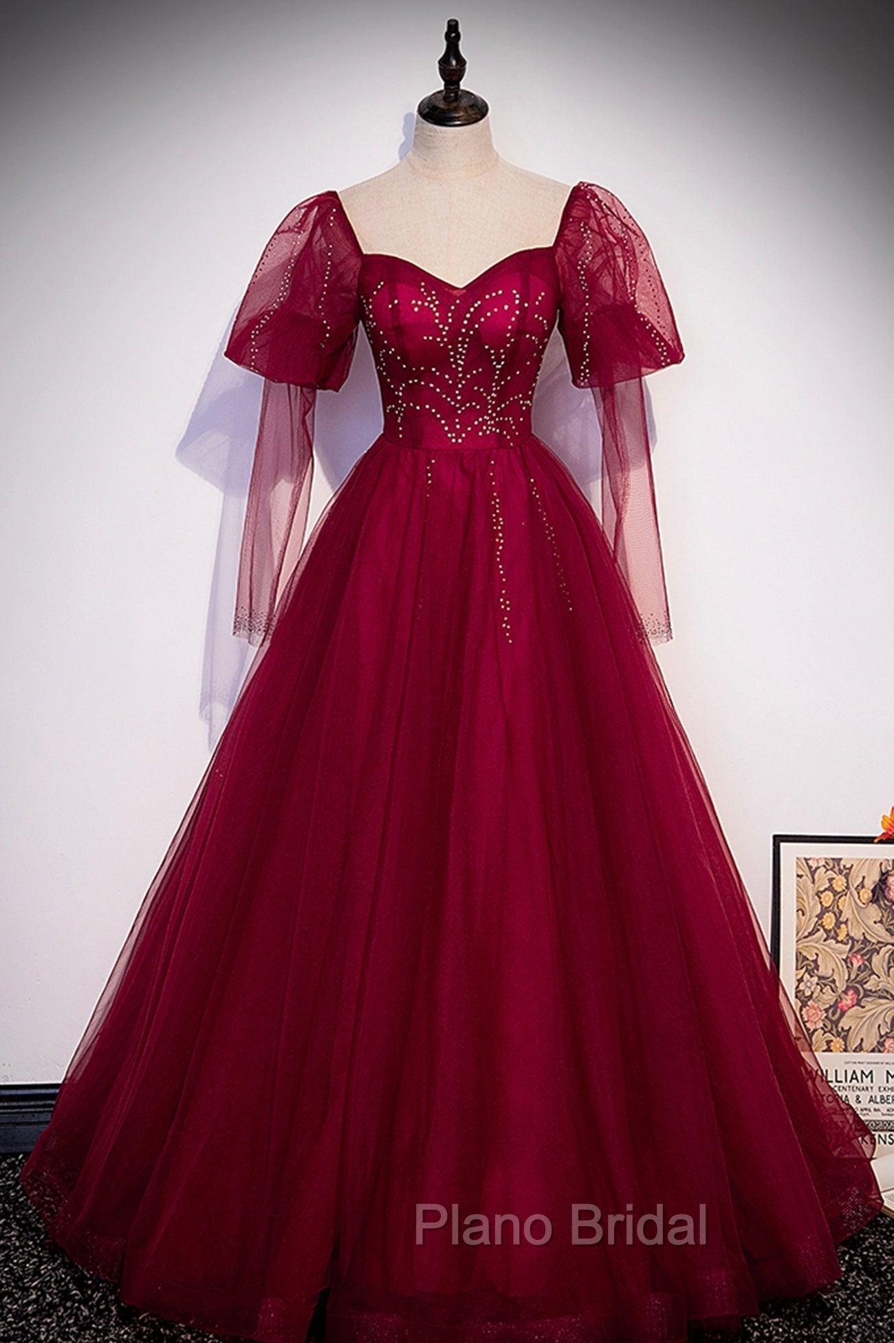 Burgundy Tulle Beaded Long Sleeve Formal Prom Dresses, A-Line Evening Graduation Dresses Main image