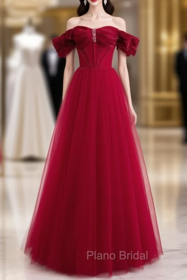 Burgundy Tulle Beading Off the Shoulder Formal Prom Dresses Main image