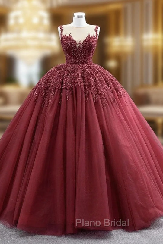 Burgundy Tulle Beading Sequins Illusion Neck Formal Prom Dresses Main image