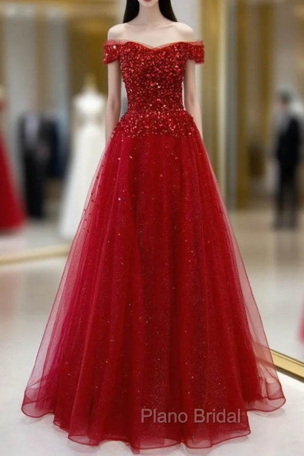 Burgundy Tulle Beading Sequins Off the Shoulder Formal Prom Dresses Main image