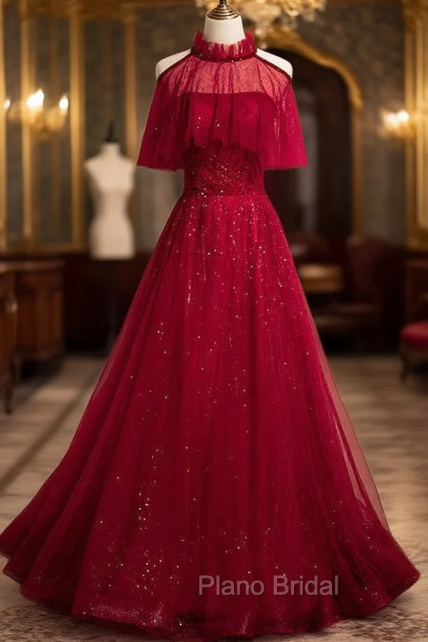 Burgundy Tulle Beading Sequins Strapless Formal Prom Dresses Main image