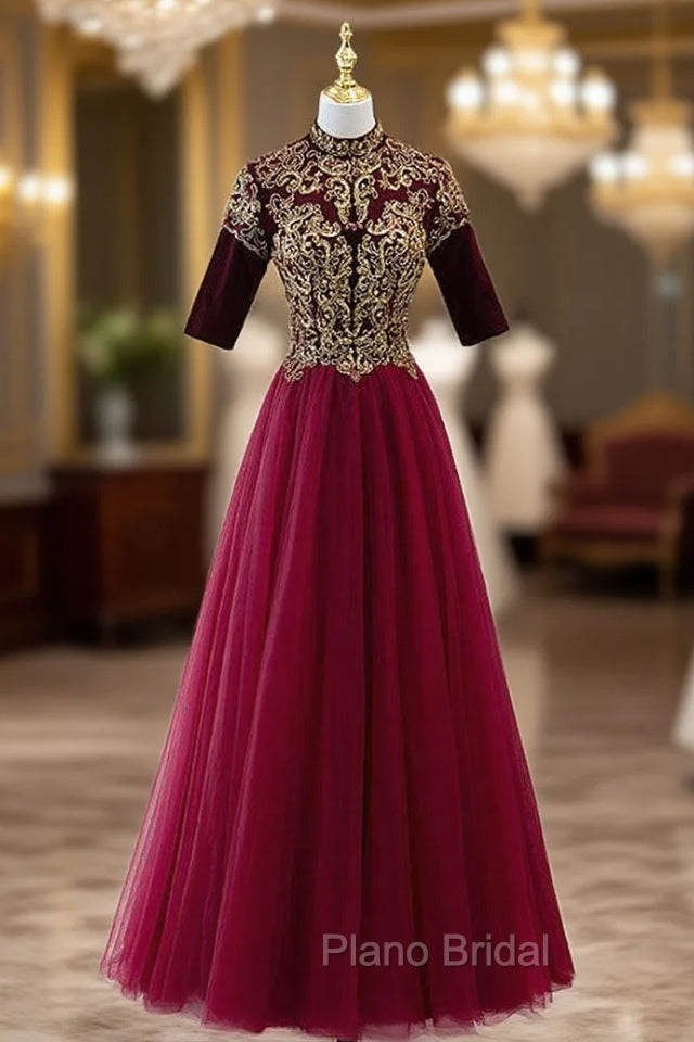 Burgundy Tulle Beading Short Sleeve Formal Prom Dresses