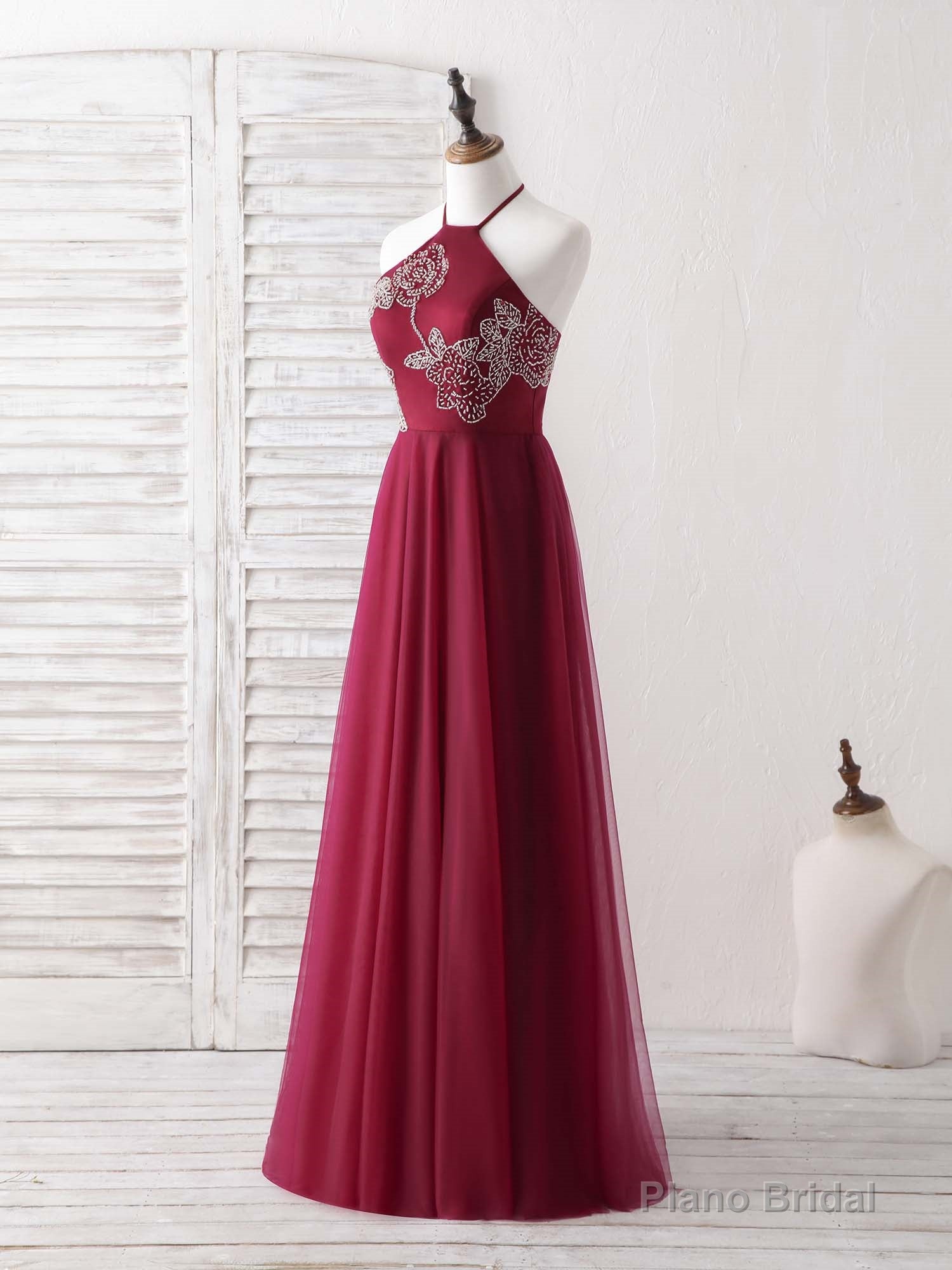 Burgundy Tulle Beads Long Prom Dress Burgundy Evening Dress Main image