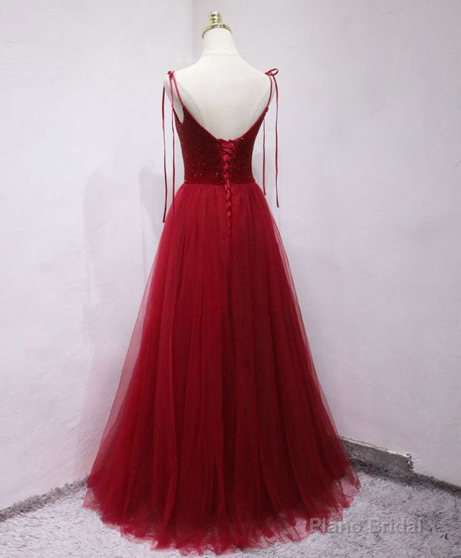 Burgundy tulle beads long prom dress, burgundy tulle formal dress Secondary image