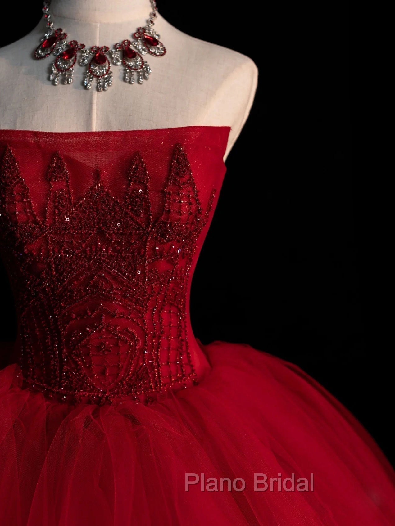 Burgundy Tulle Beads Long Formal Prom Dresses, Burgundy Tulle Formal Party Dresses