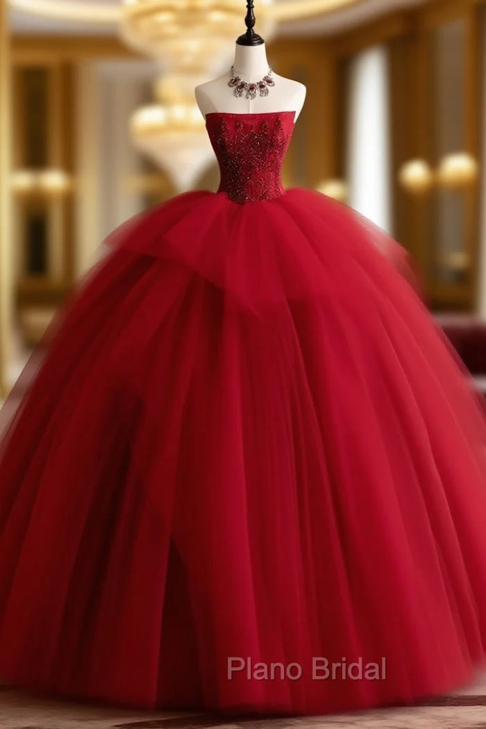 Burgundy Tulle Beads Long Formal Prom Dresses, Burgundy Tulle Formal Party Dresses Main image