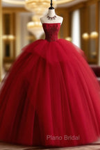 Burgundy Tulle Beads Long Formal Prom Dresses, Burgundy Tulle Formal Party Dresses
