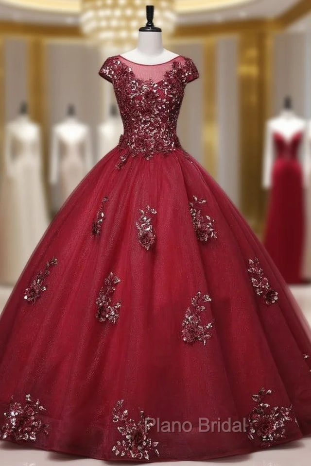 Burgundy Tulle Cap Sleeve Backless Appliques Quinceanera Dresses Main image