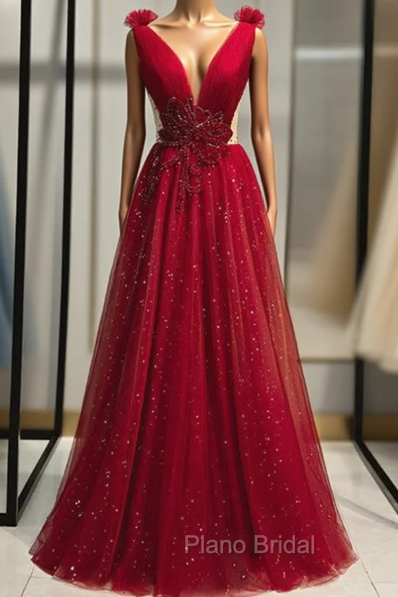 Burgundy Tulle Deep V-neck Backless Beading Formal Prom Dresses Main image