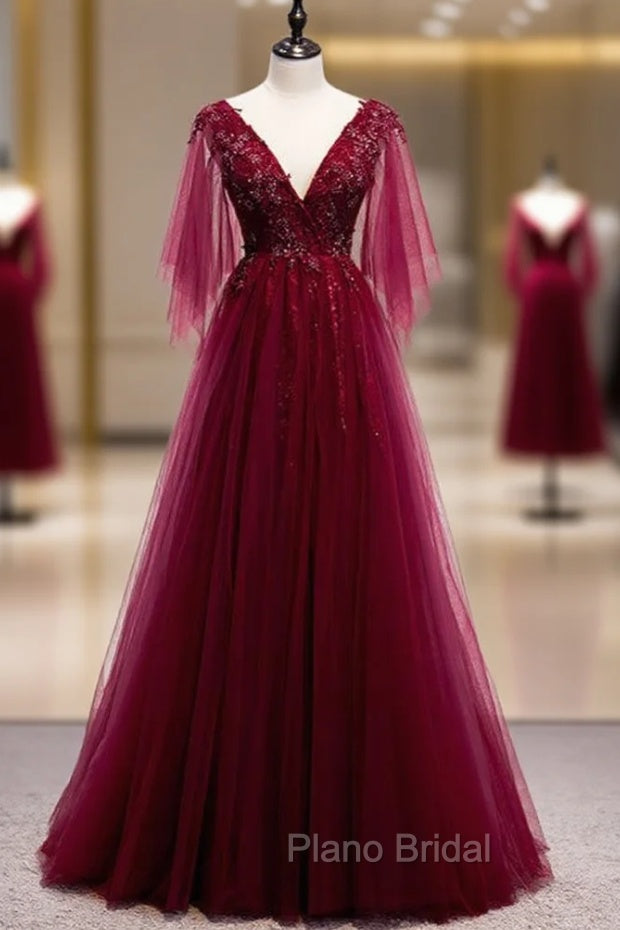 Burgundy Tulle Deep V-neck Beading Formal Prom Dresses Main image