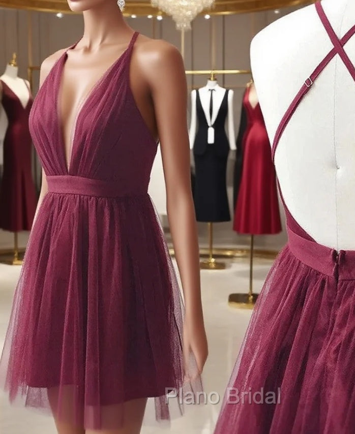 Burgundy Tulle Deep V-neck Homecoming Dresses