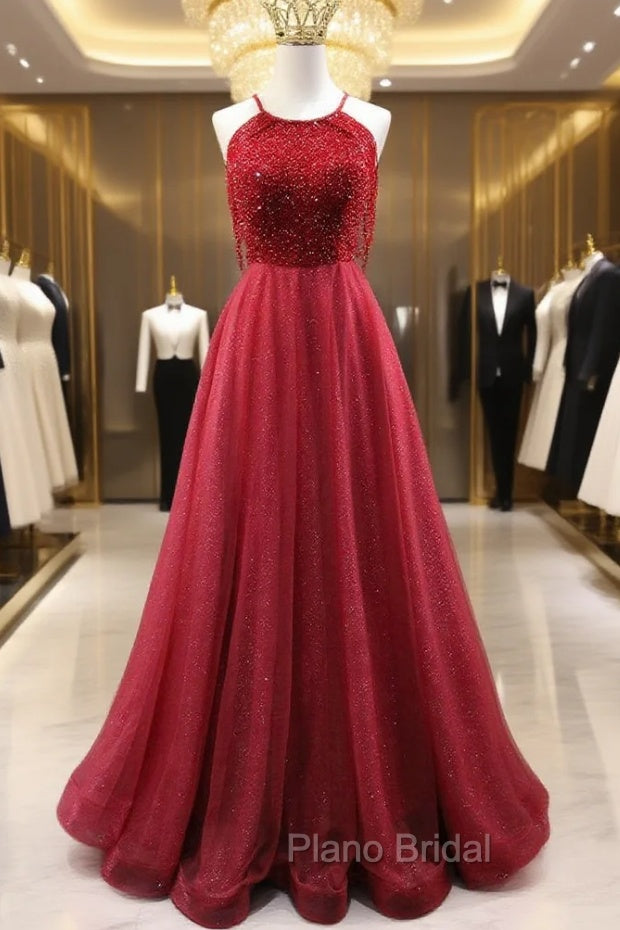 Burgundy Tulle Halter Beading Formal Prom Dresses Main image