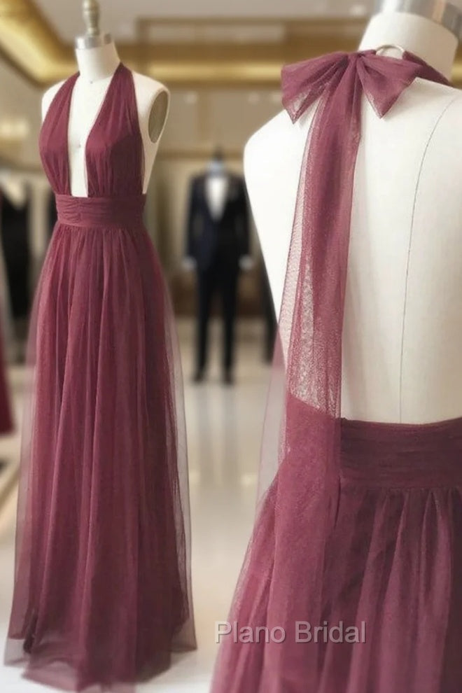 Burgundy Tulle Halter Deep V-neck Backless Formal Prom Dresses