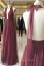 Burgundy Tulle Halter Deep V-neck Backless Formal Prom Dresses