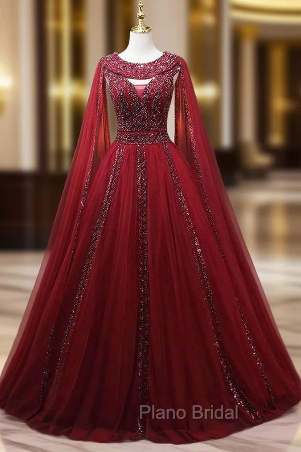 Burgundy Tulle Heavy Beading Formal Prom Dresses