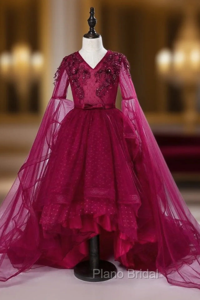 Burgundy Tulle Appliques V-neck Short Sleeve Girl Dresses