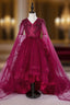 Burgundy Tulle Appliques V-neck Short Sleeve Girl Dresses