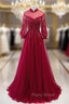 Burgundy Tulle High Neck Long Sleeve Appliques Formal Prom Dresses