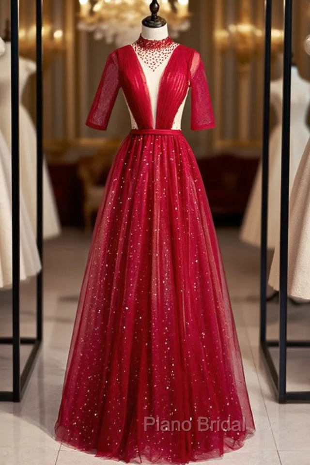 Burgundy Tulle High Neck Short Sleeve Pleats Beading Formal Prom Dresses Main image